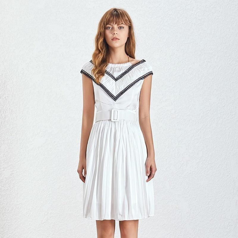 White V Neck Sleeveless High Waist Belt Mini Dress