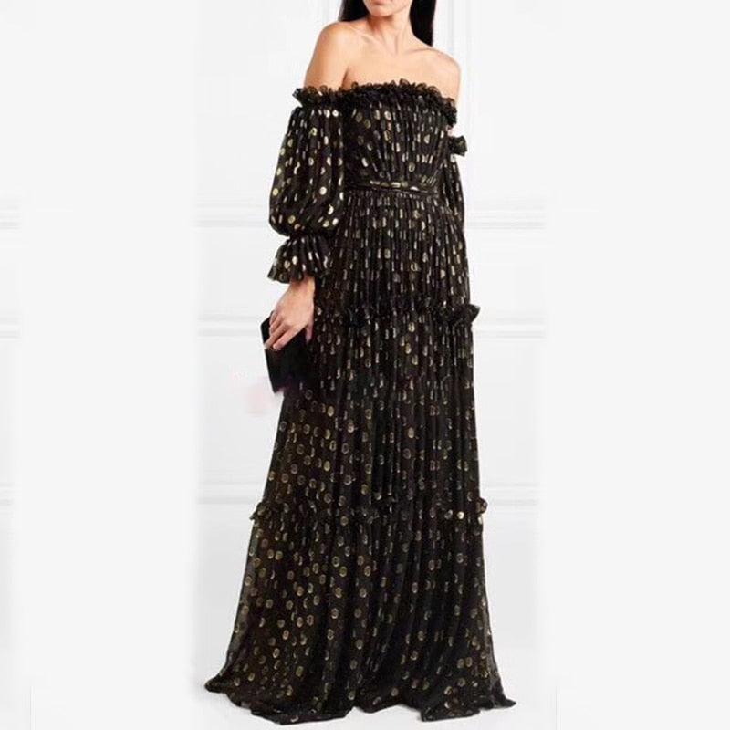 Off Shoulder Sexy Puff Long Sleeve Leopard Maxi Dress