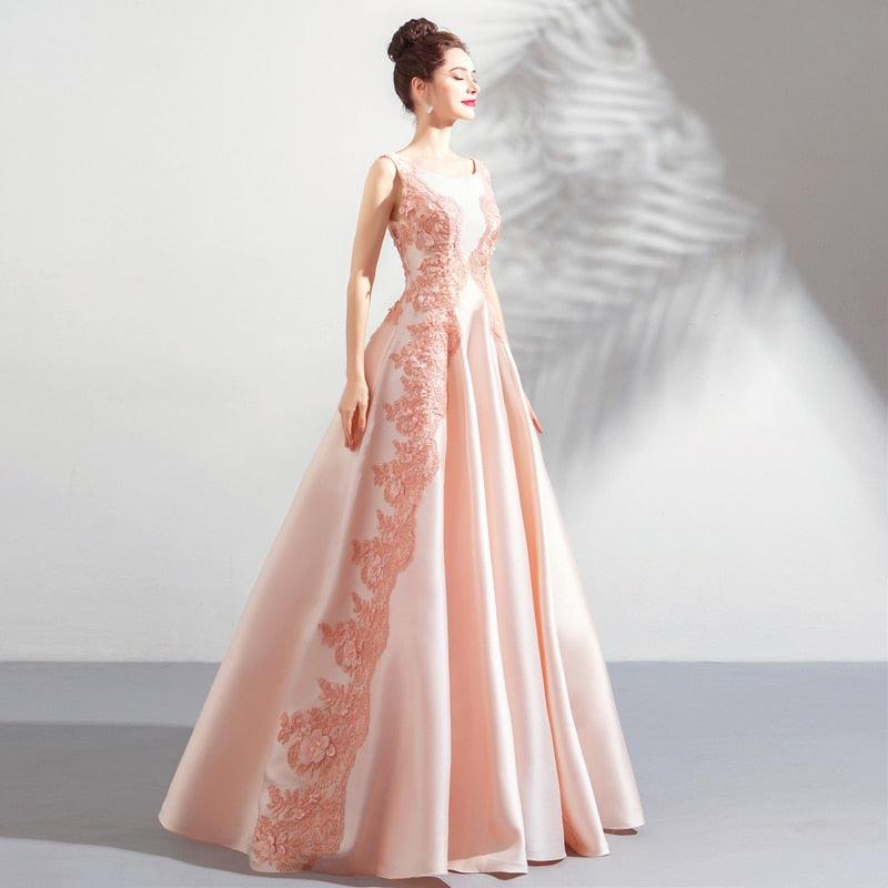 Light Pink Elegance Satin Lace Sleeveless Evening Dress