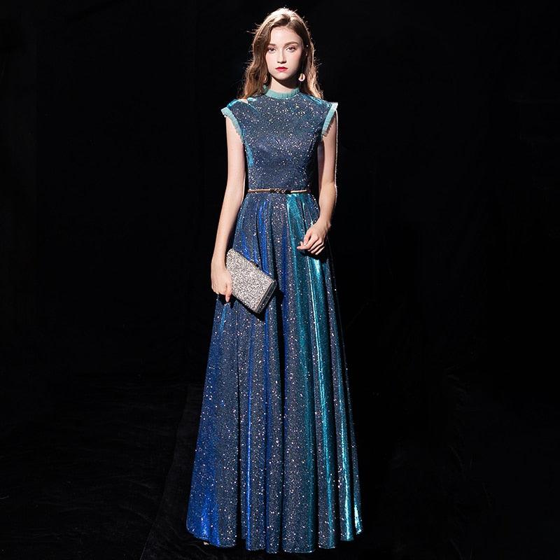 Noble Starry Sky Gowns Floor-length Evening Party Blue Maxi Dress