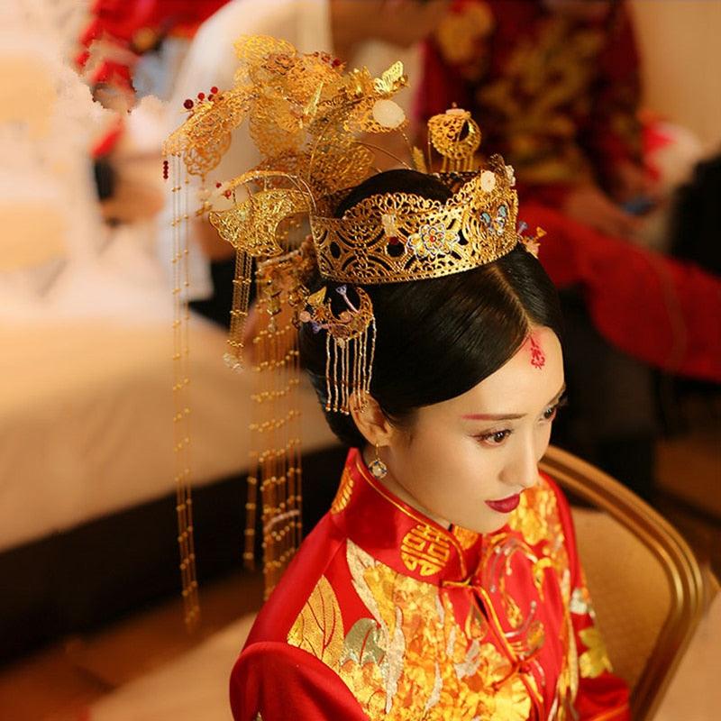 Traditional Chinese Wedding Bride Hair Tiara Empress Princess Long Tassel Queen Hair Accessory