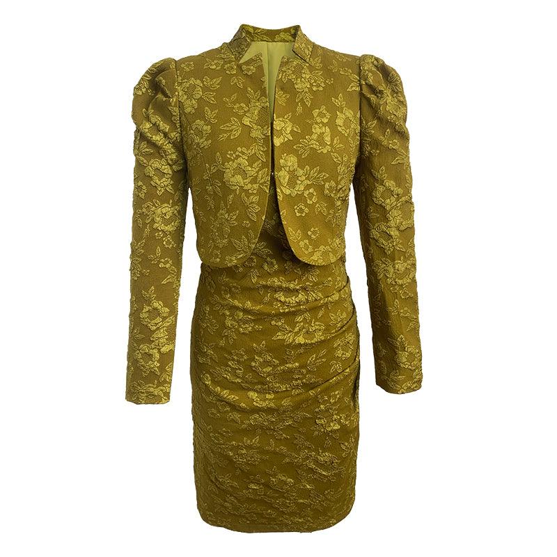 Yellow Jacquard Vintage Chinese Style  Two Piece Pencil Skirt Set