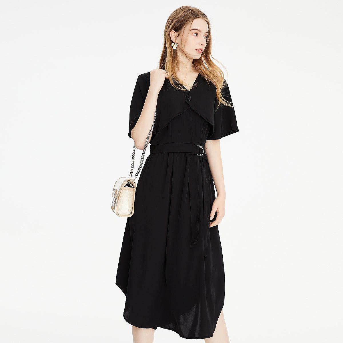 V-Neck Solid Elegant Buttons with Belt Midi Dress