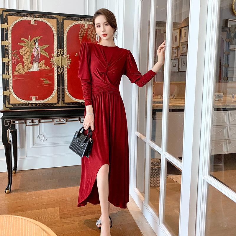 Red Ruffle Boatneck Batwing Sleeve Midi Dress