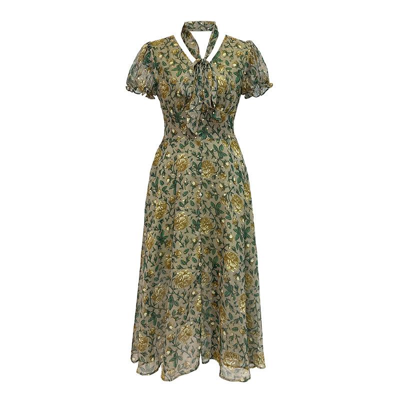 Green V-neck French Retro Floral Long Maxi Chiffon Dress