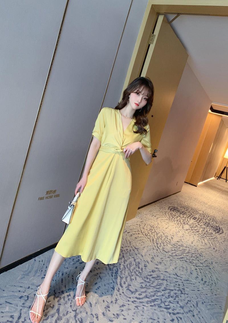 Yellow Ruffle V Neck Elegant Casual Dress