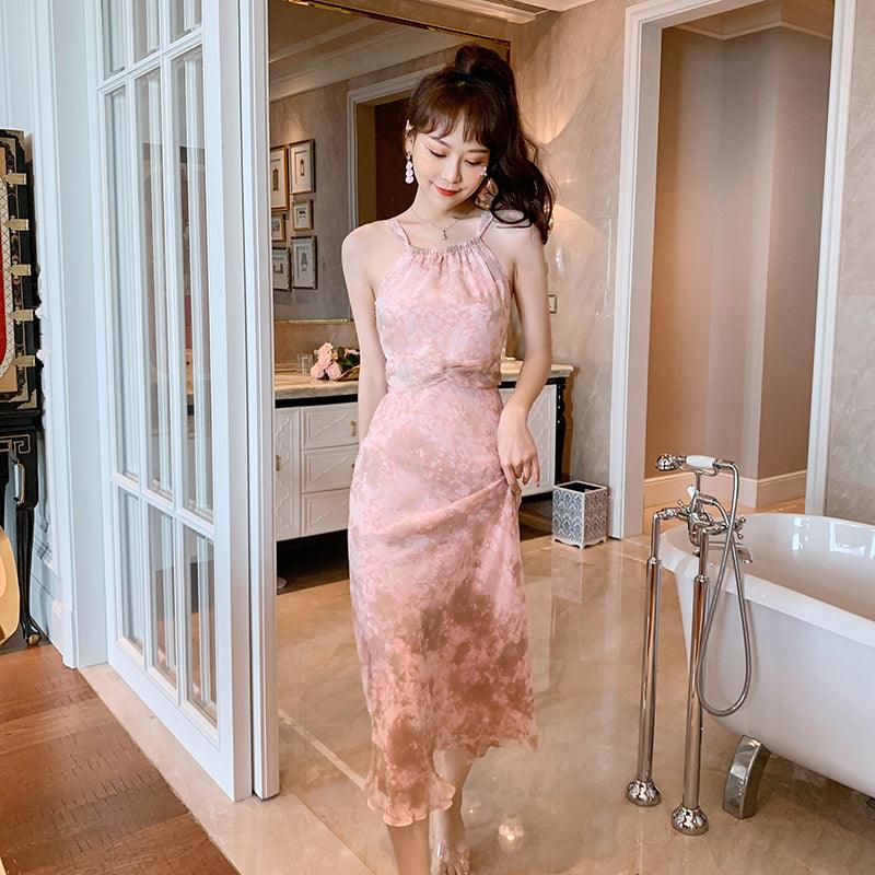 Pink High Neck Lace Chiffon Floral Print Midi Dress