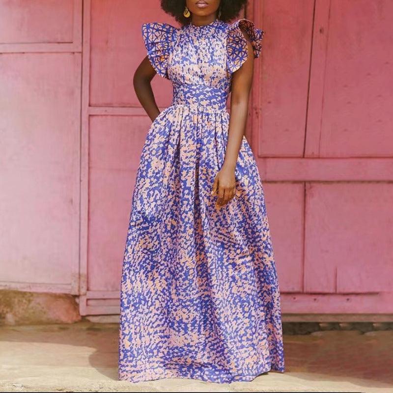 Purple Printed Neck Summer Casual Maxi Dress