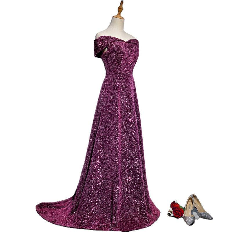 Purple off-shoulder elegant evening gown