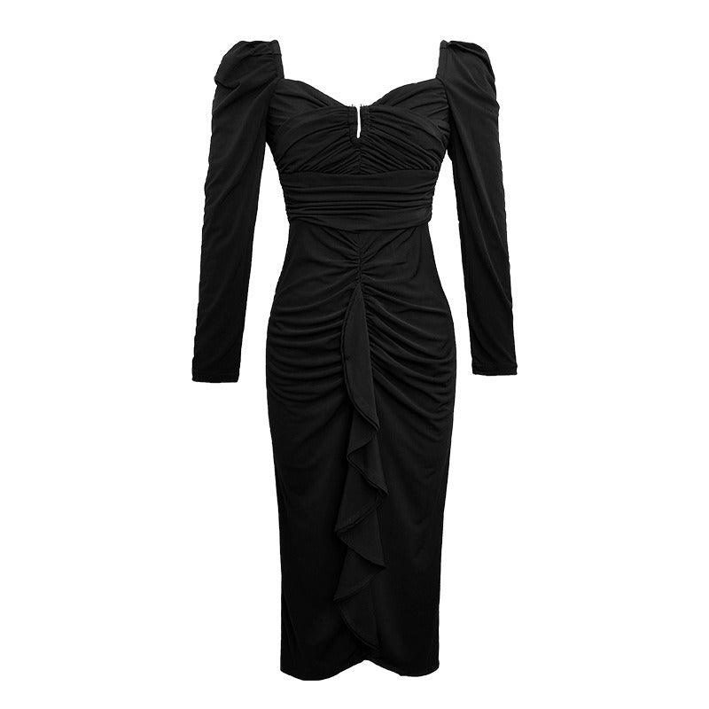 V Neck Pleated Asymmetric Cocktail Midi Dress