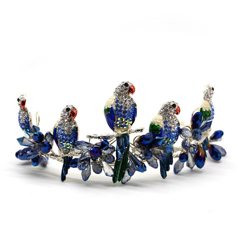 European Style Bird Shape Tiaras Blue Pearl Crystal Bridal Hair Accessories