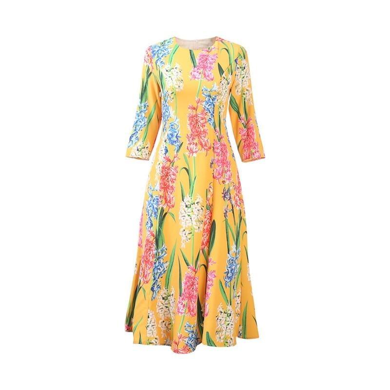 Yellow Flower Pattern Print Elegant Midi Dress