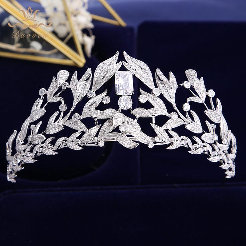 Sparkling Zircon Crystal Silver Leaves Wedding Tiara