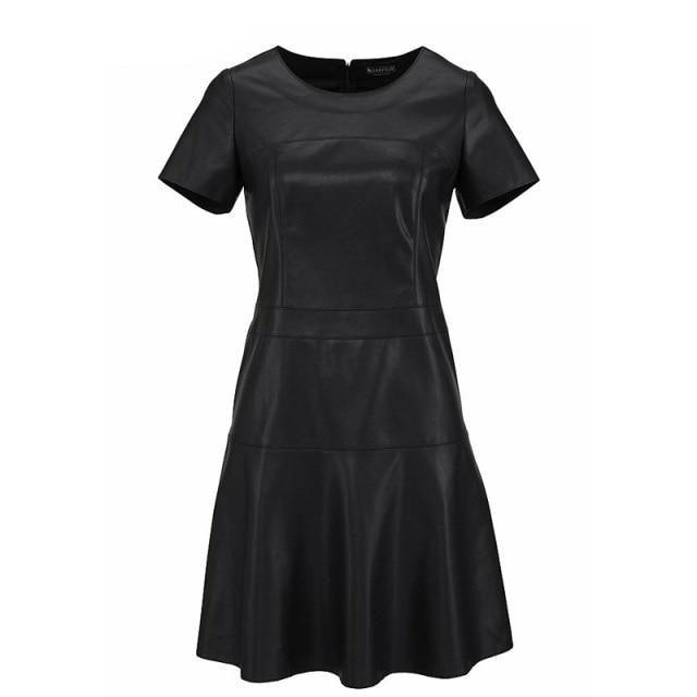 Faux Fashion Leather  A-Line O-Neck Black Dress Casual Mini Dress