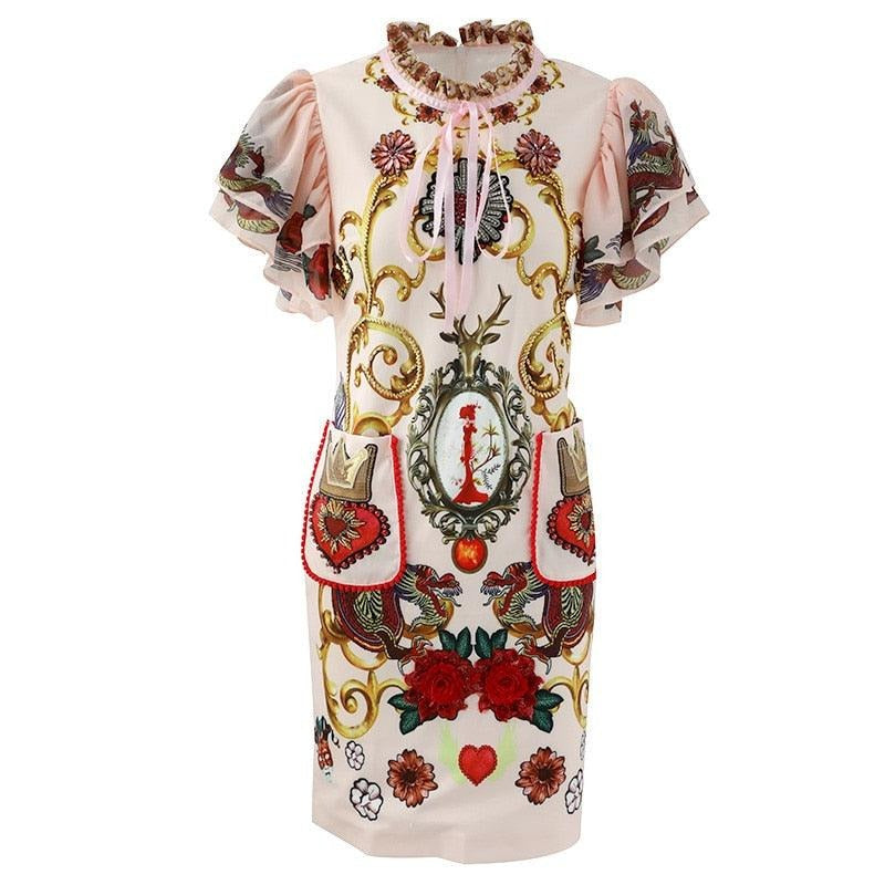 Summer Elegant Ruffles Sleeve Pocket Flower Beading Printed Vintage Dress