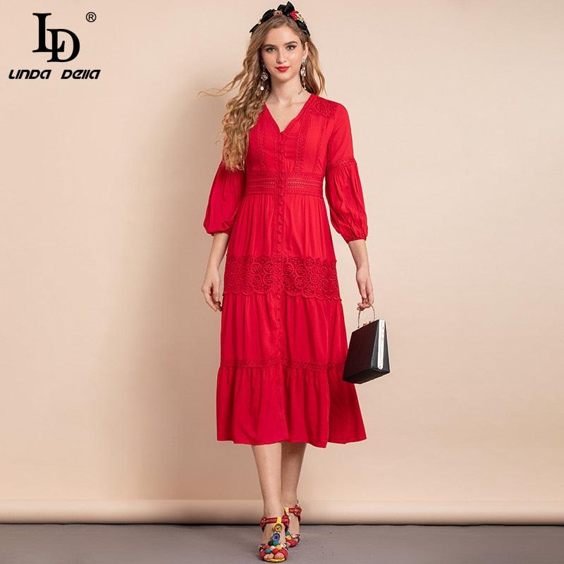 Red Lantern Sleeve Single-breasted Hollow Embroidered A-Line Midi Dress