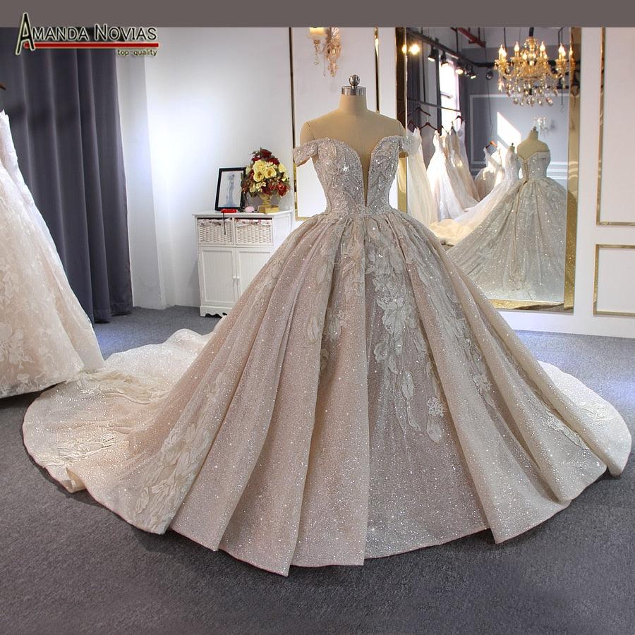 Luxury Beaded Off Shoulder Long Train Bridal Wedding Dress