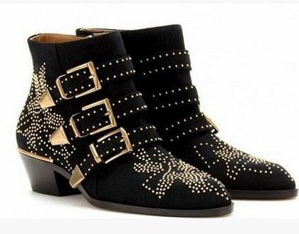 Round Toe Rivet Flower Boots Genuine Leather Ankle Boots