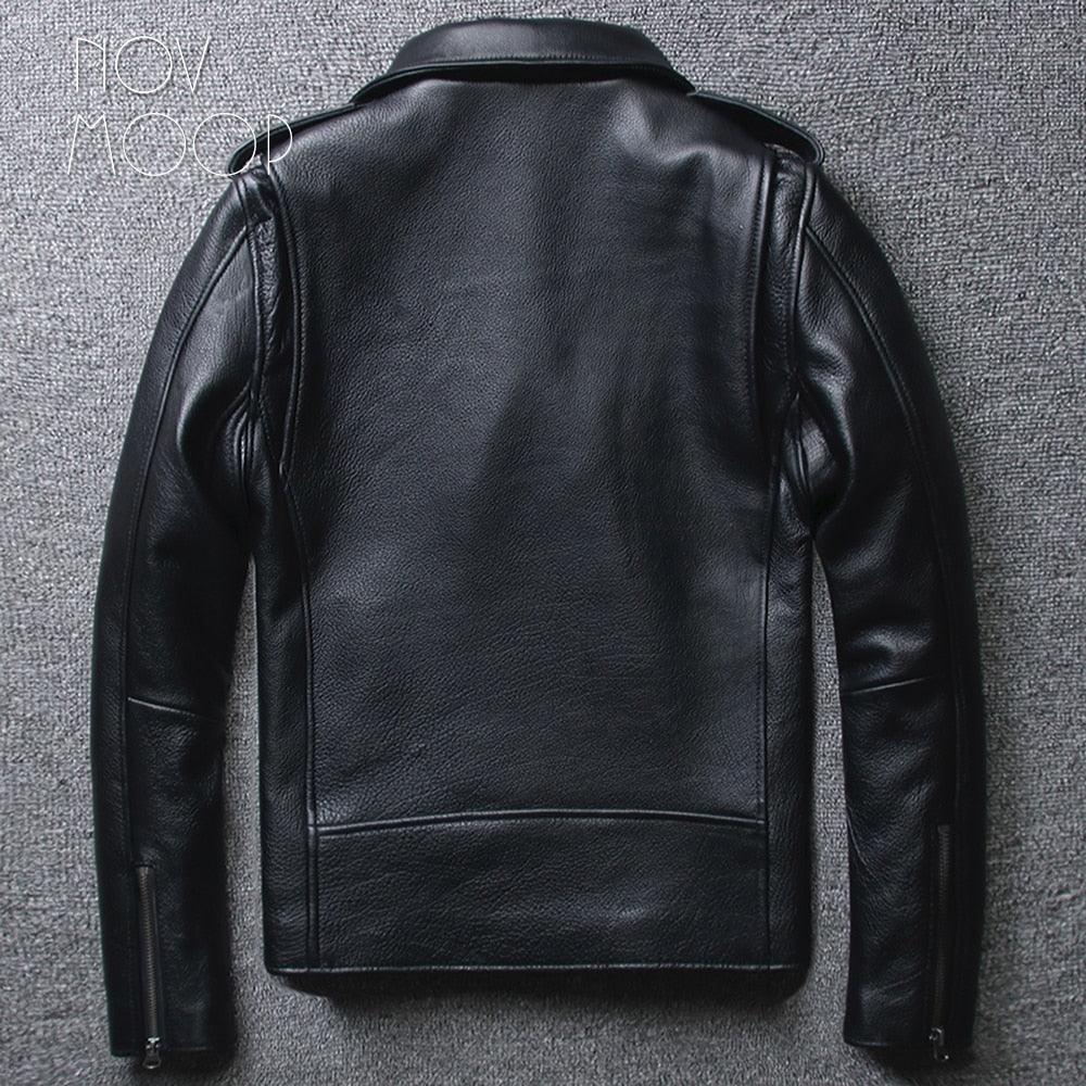 Men Off-center Zipper Black Genuine Leather Cowskin Motorcycle Biker Jackets