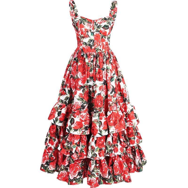 Spaghetti Strap Backless Floral Print Cascading Ruffle Beach Dress