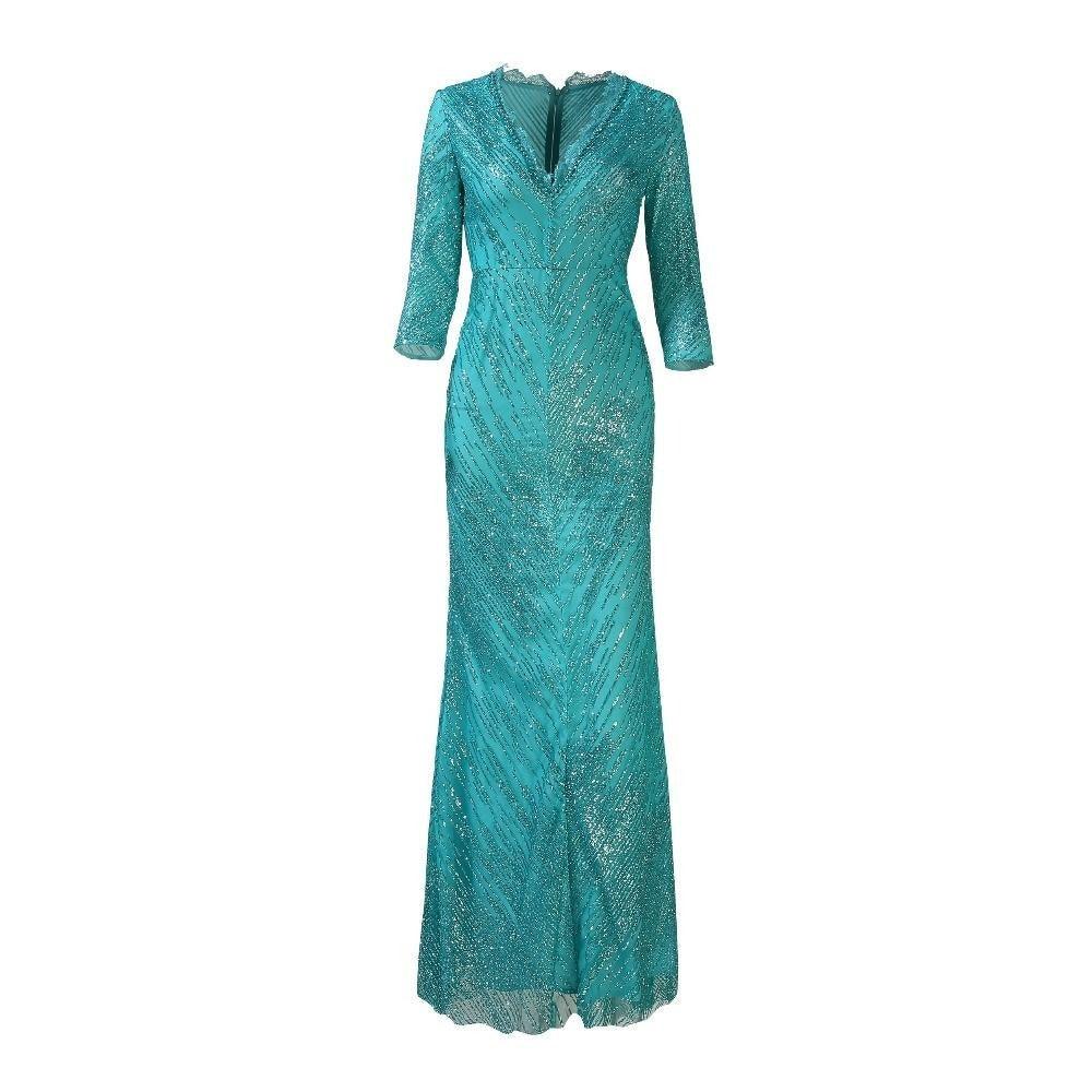 Green Beaded Sequined V-Neck Three Quarter Sleeve Maxi Dress