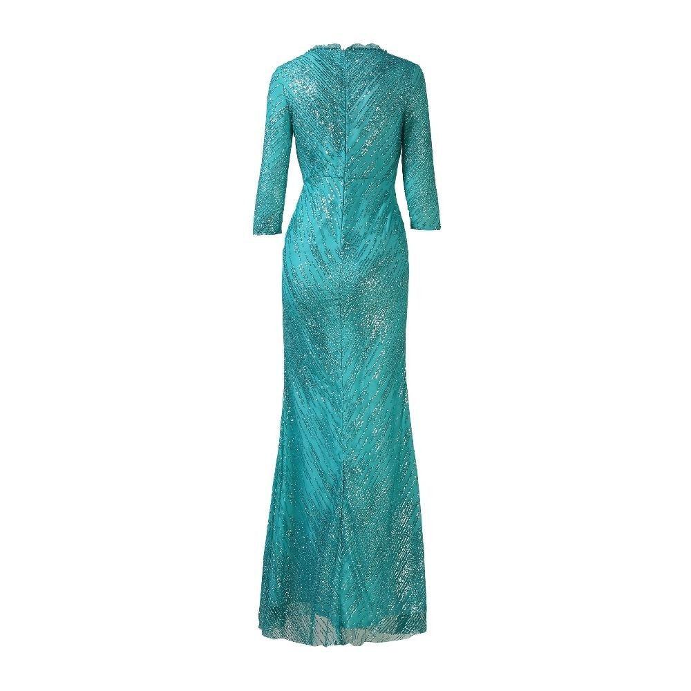 Green Beaded Sequined V-Neck Three Quarter Sleeve Maxi Dress