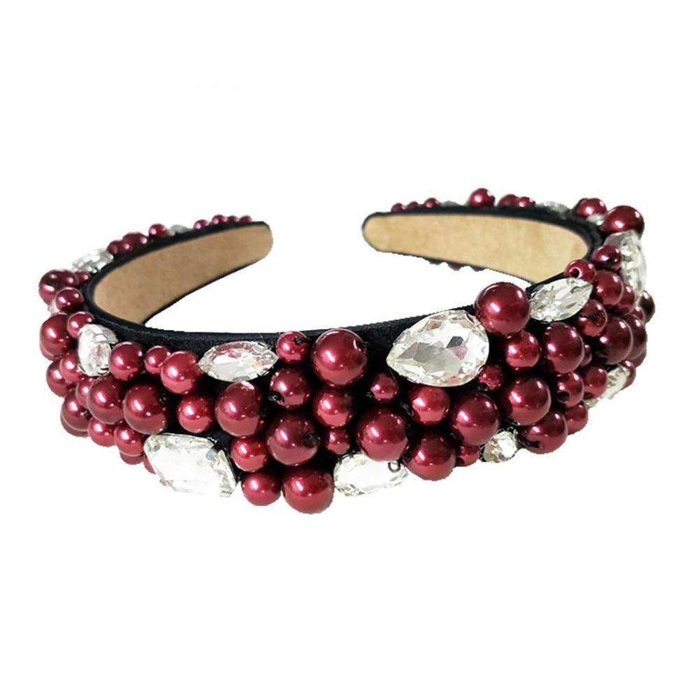 Crystal Full Pearl Unique Red Wine Wide Design Hairband