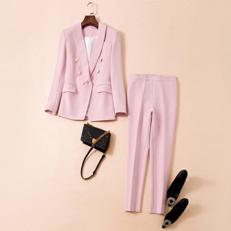 Designer Blazer Suit Set Lion Buttons Double Breasted Blazer Pants Suit