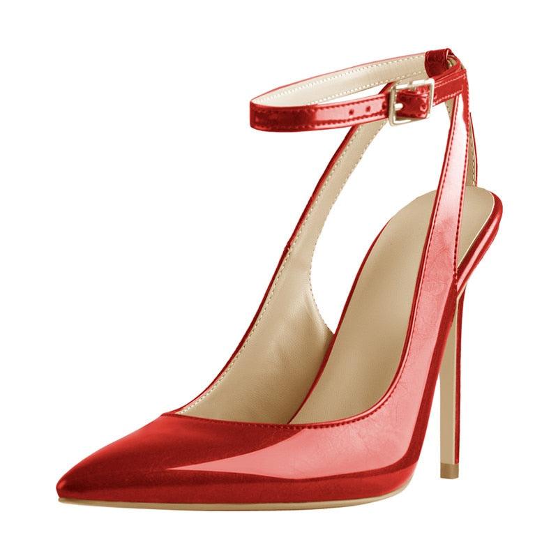 Red Slingback Ankle Strap Pumps Pointed Toe Stiletto