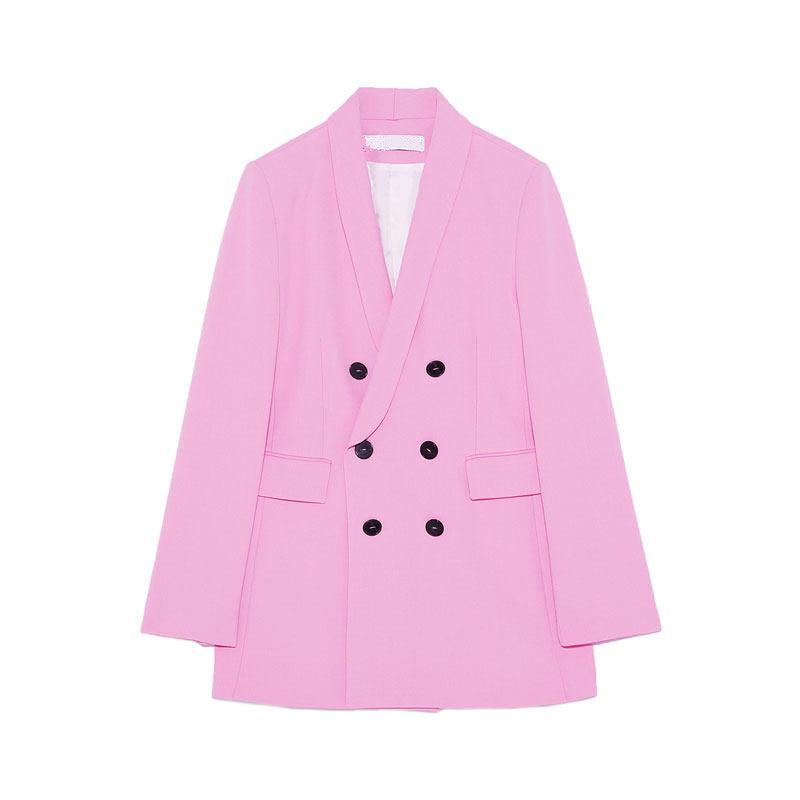 Pink Double-breasted V-neck Casual Blazer Suits