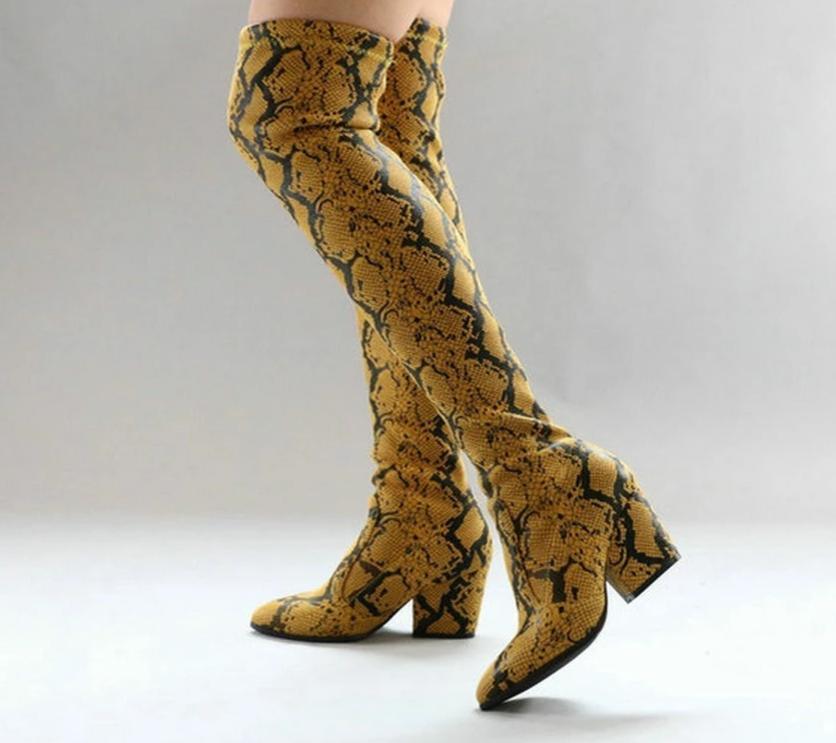 Serpentine  Faux Leather Slip On Long Square Heel Over The Knee Boots