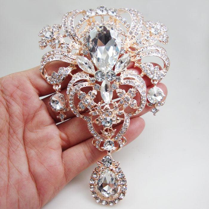 Rose Gold Tone Fashion Bride Brooch Pin Clear Rhinestone Crystal Flower Pendant