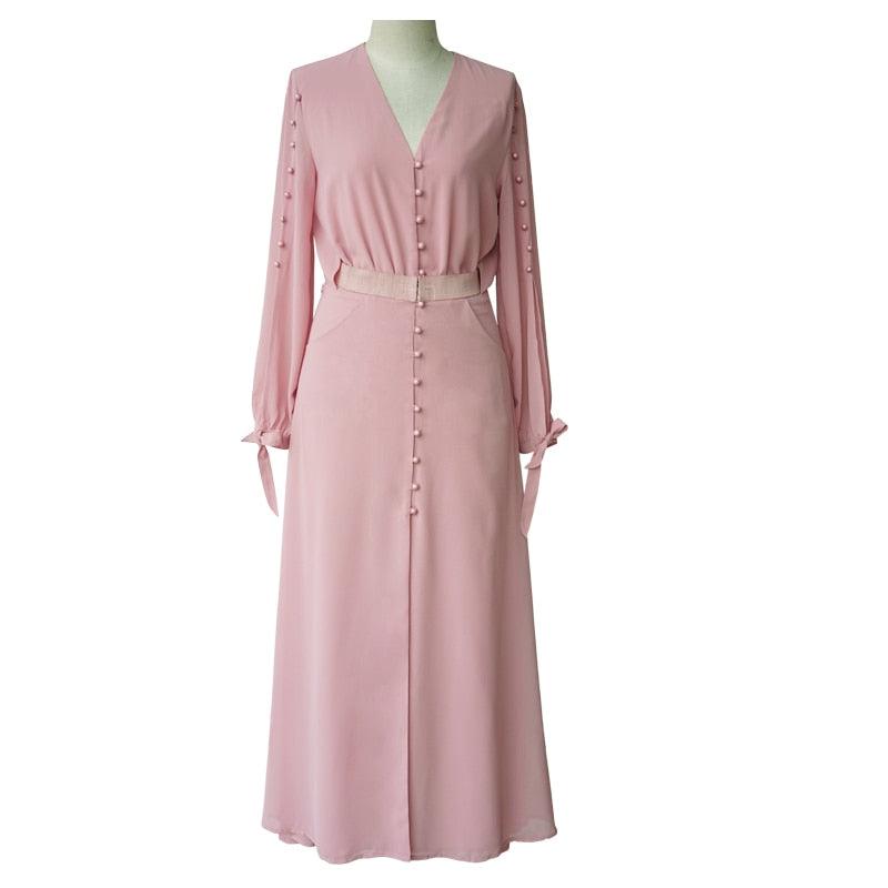 Pink Lantern Sleeve V-neck Buttons Pleated Chiffon Maxi Dress