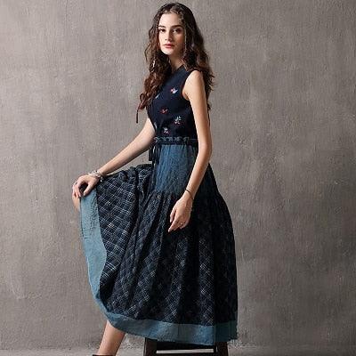 Peter Pan Collar Sleeveless Swing Hem A-line Denim Dress