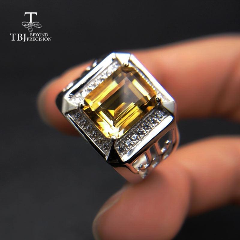 Emerald Cut Natural Citrine Men's 925 Sterling Silver Gemstone Ring