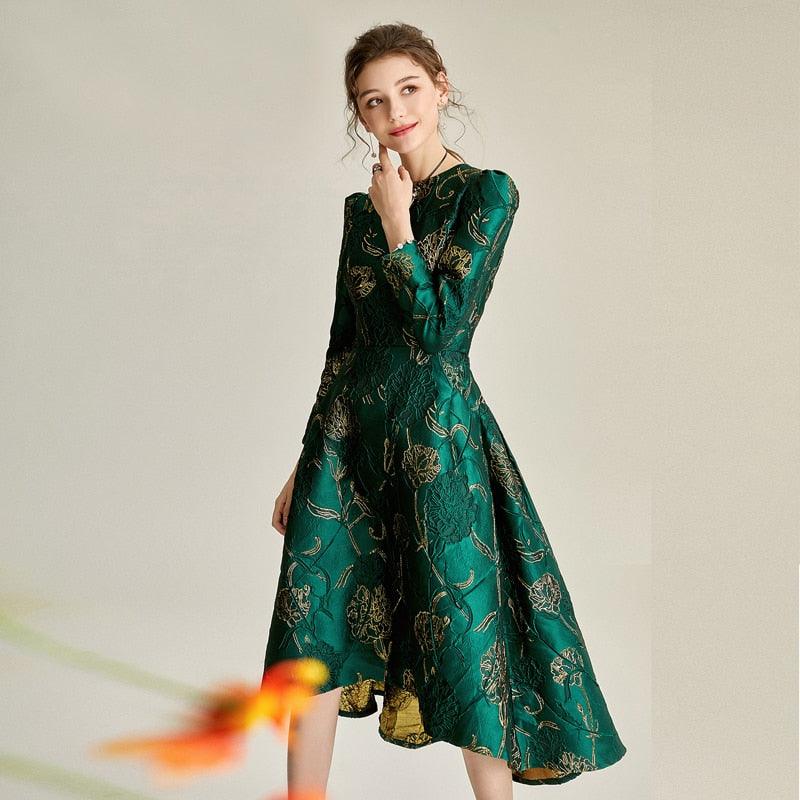 Green Floral Elegant Jacquard Tail Dress