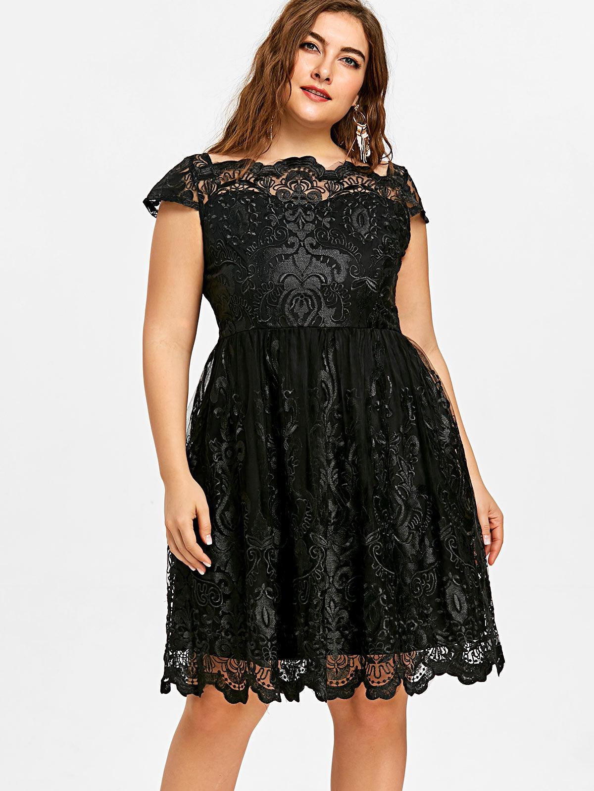 Lace Scalloped Tulle Embroidered Short Sleeves A-Line Plus Size Dress