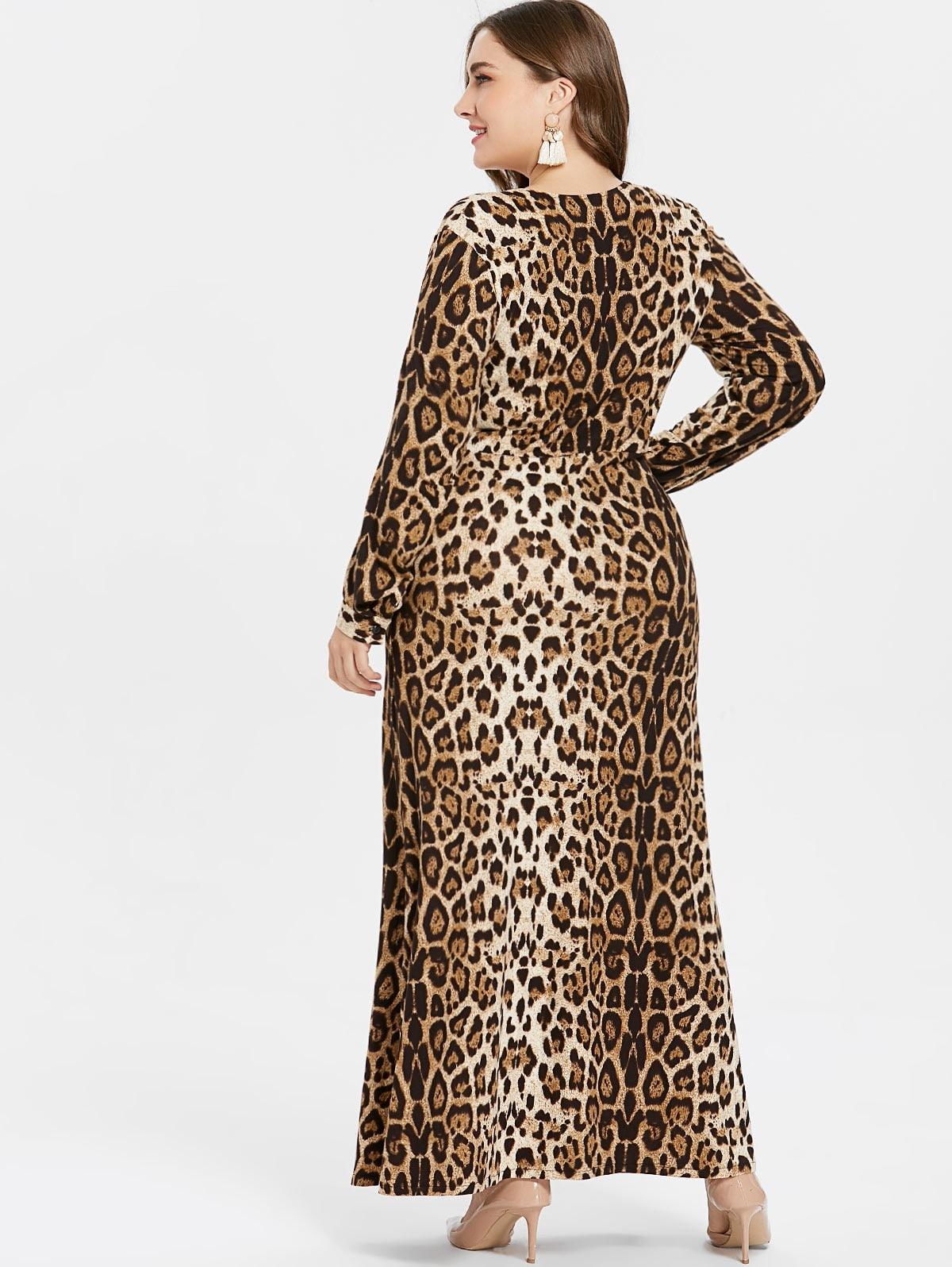 Sexy V Neck Leopard Long Sleeves Ankle-Length Plus Size Dress