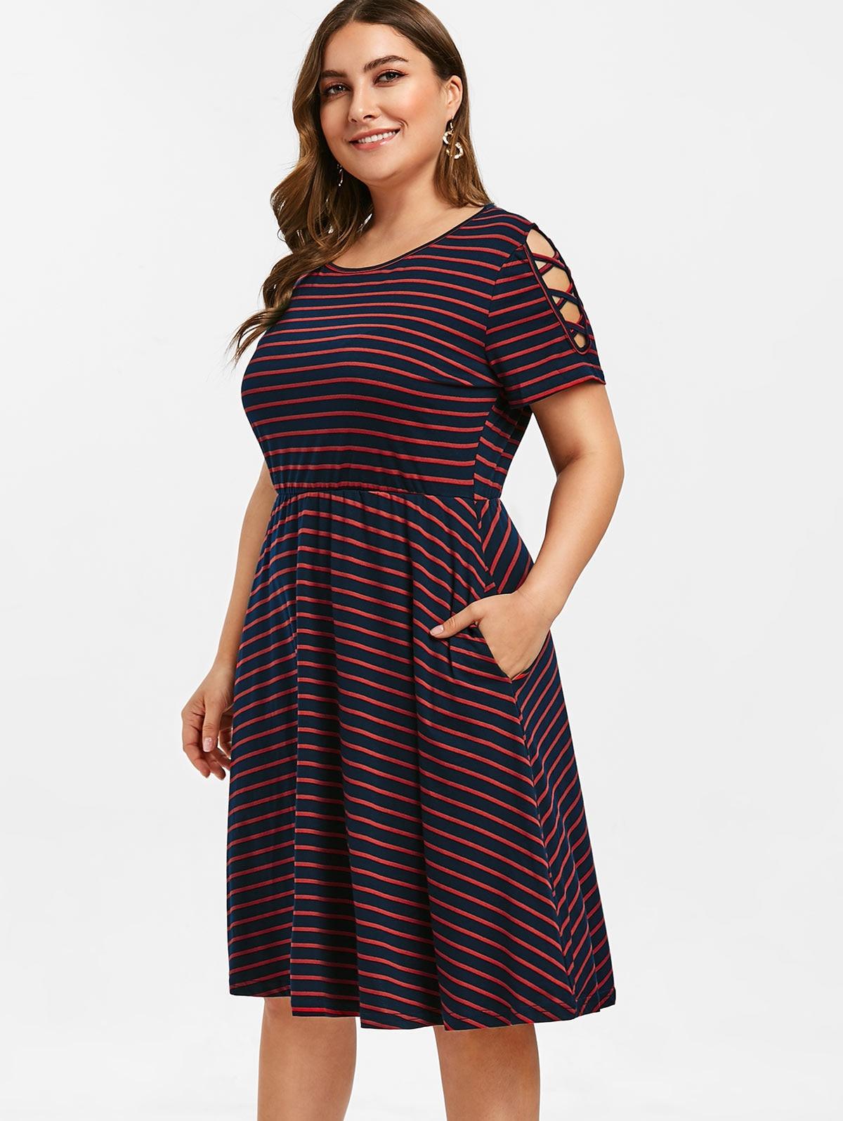 Striped A Line Criss Cross Sleeve Elastic Waist Work Dress