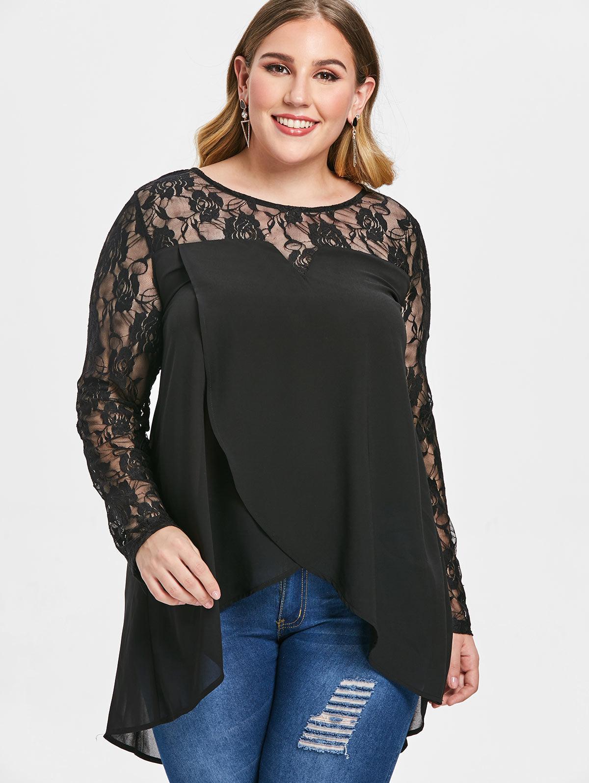 Lace Blouse See Through High Low Splicing Plus Size Blouse