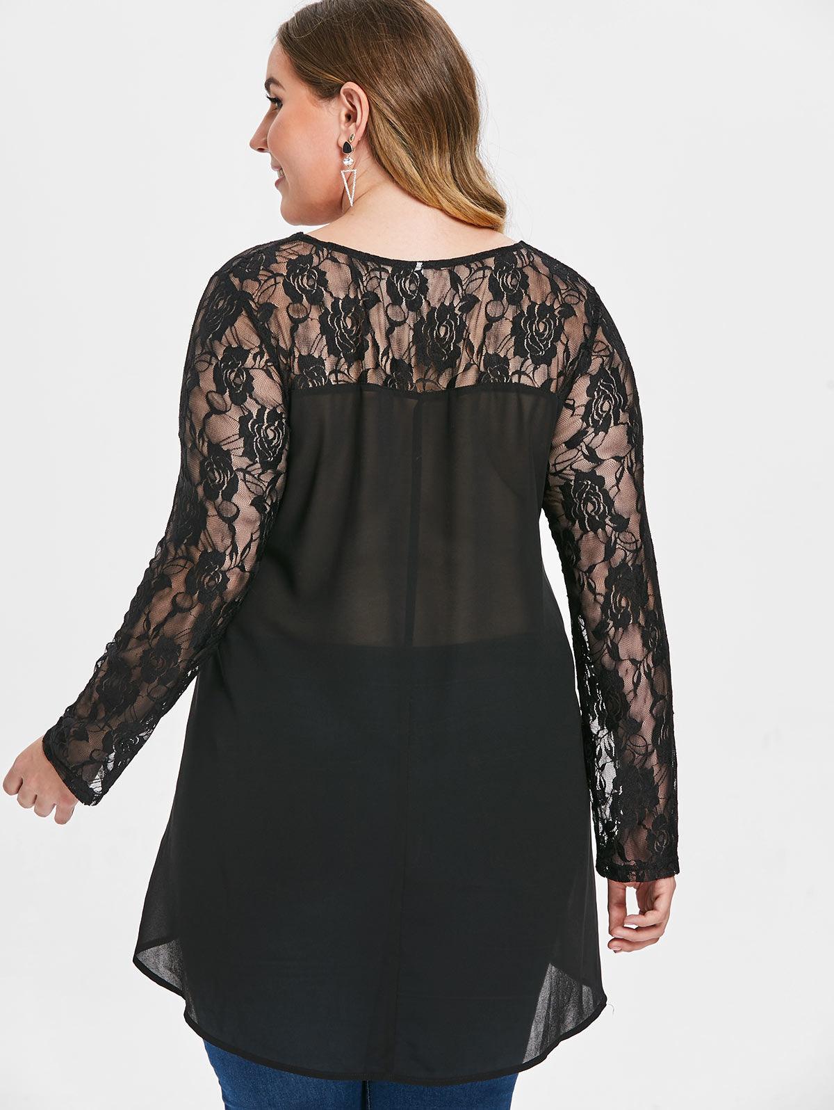 Lace Blouse See Through High Low Splicing Plus Size Blouse