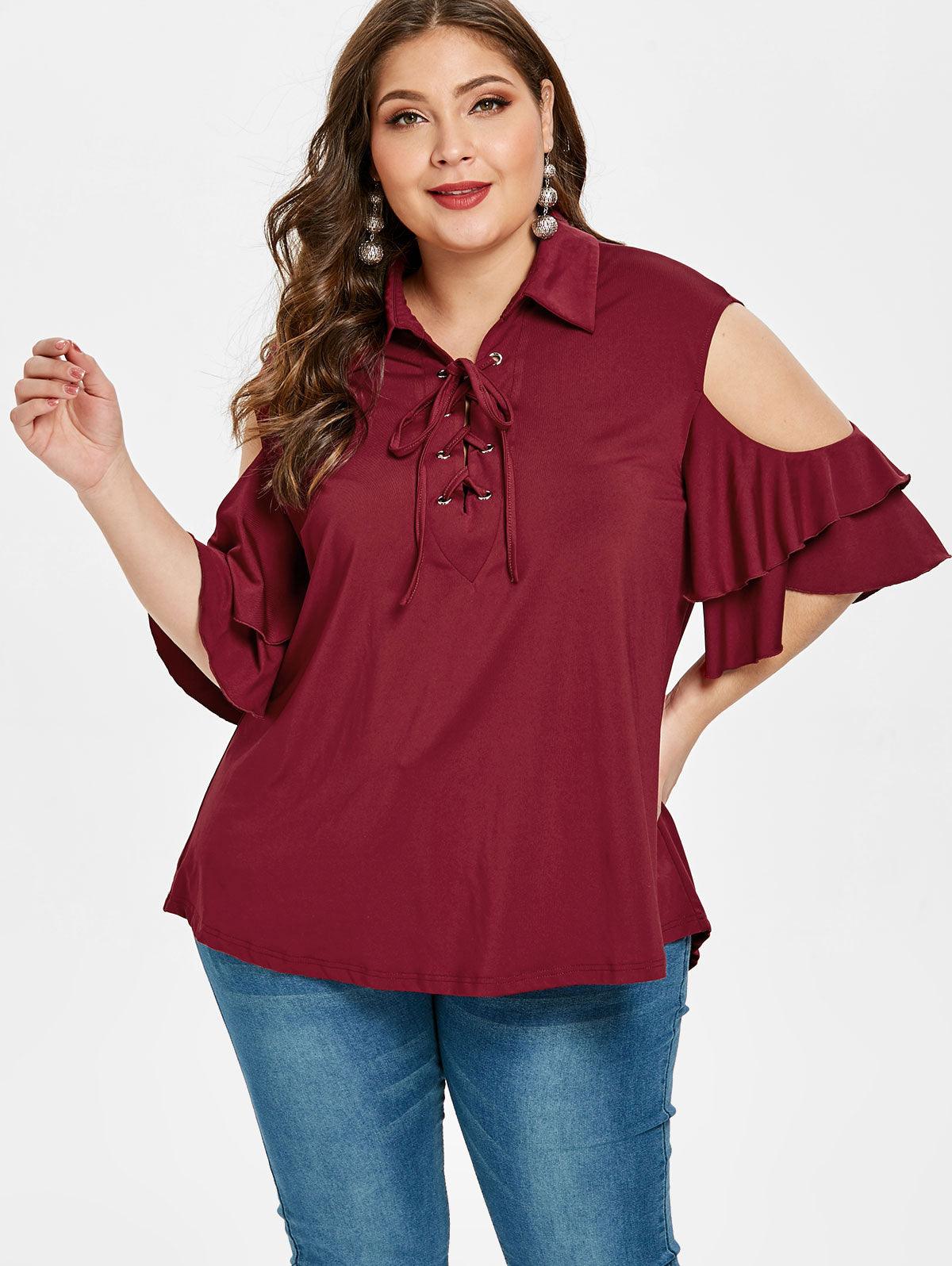 Plus Size Criss Cross Cold Shoulder Ruffles Blouse