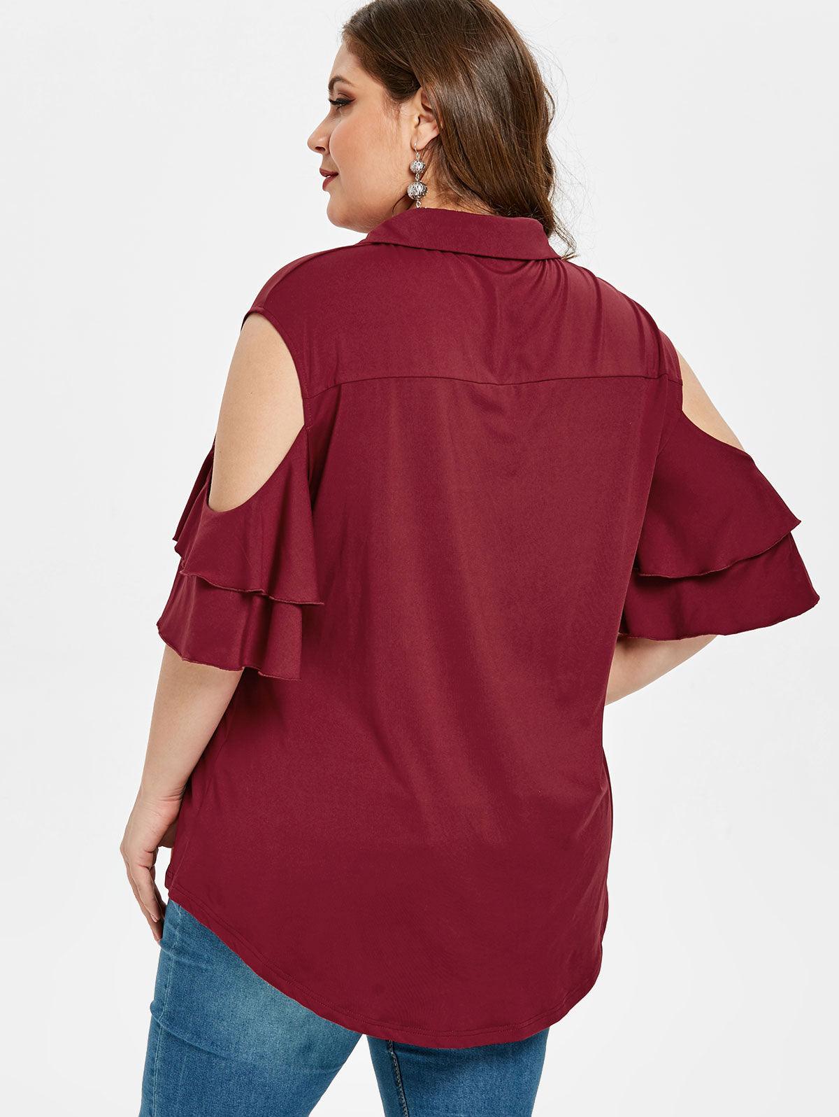 Plus Size Criss Cross Cold Shoulder Ruffles Blouse