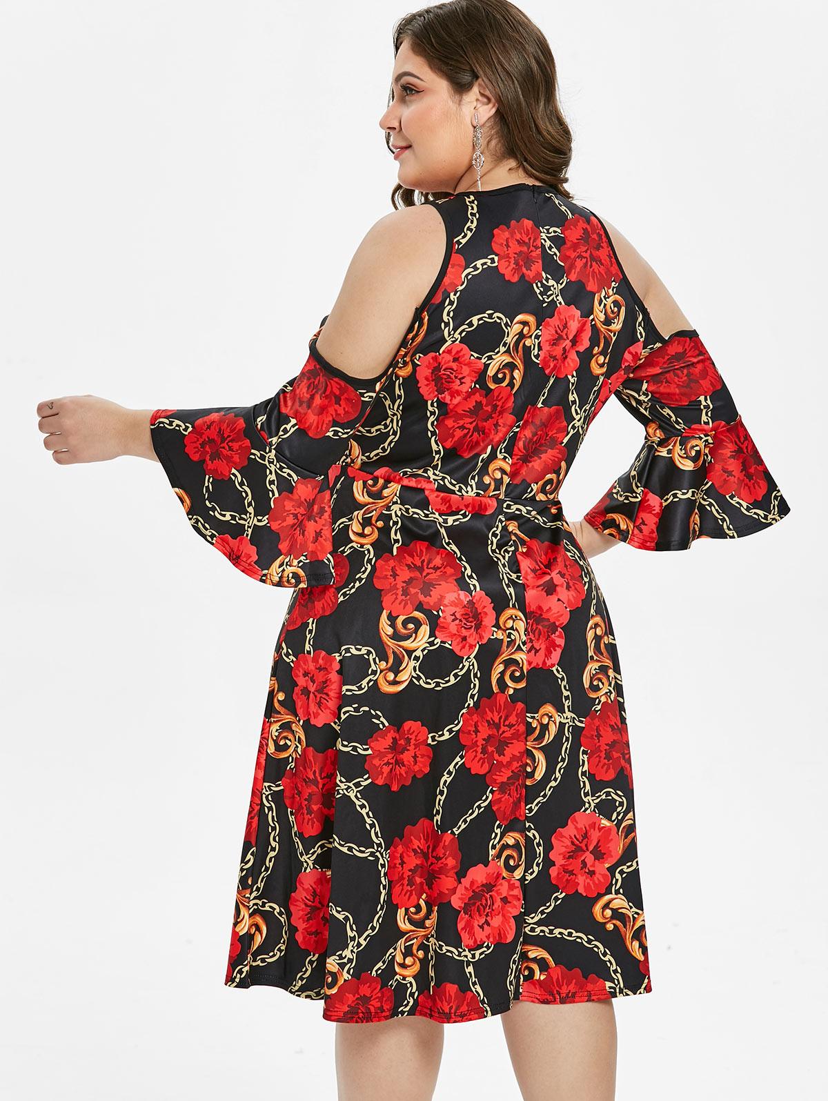 Flare Sleeve Cold Shoulder Printed Dress Criss Cross A Line Knee Length