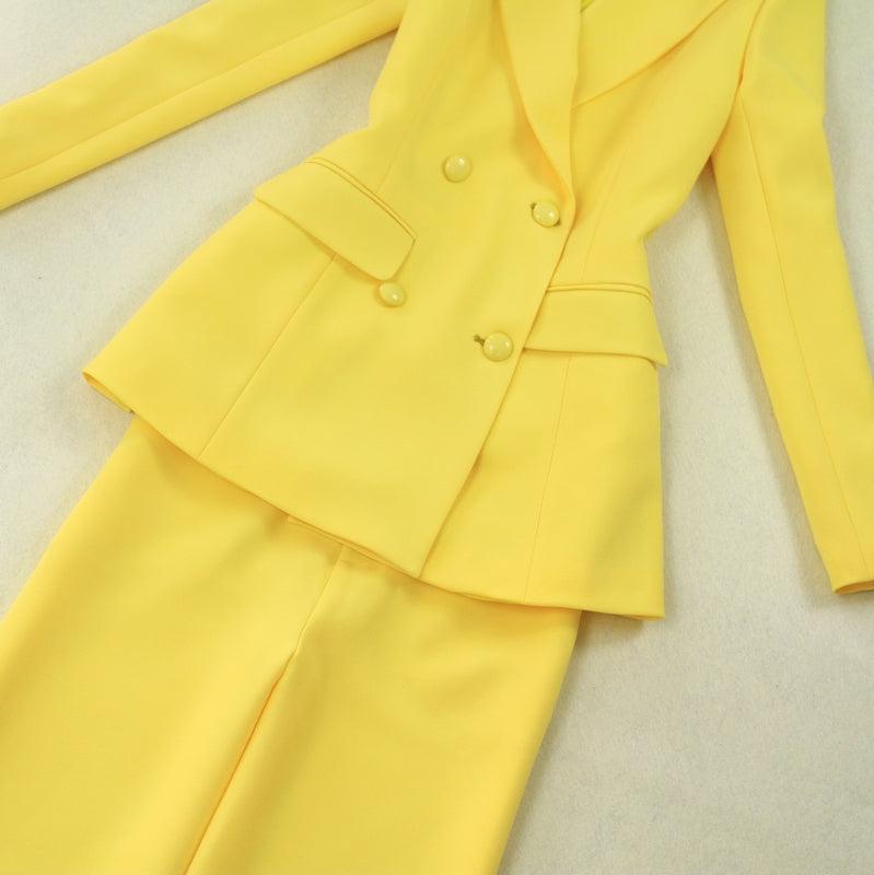 Yellow  Double-Breasted  Elegant Blazer+Wide Leg Pants Two Piece Set