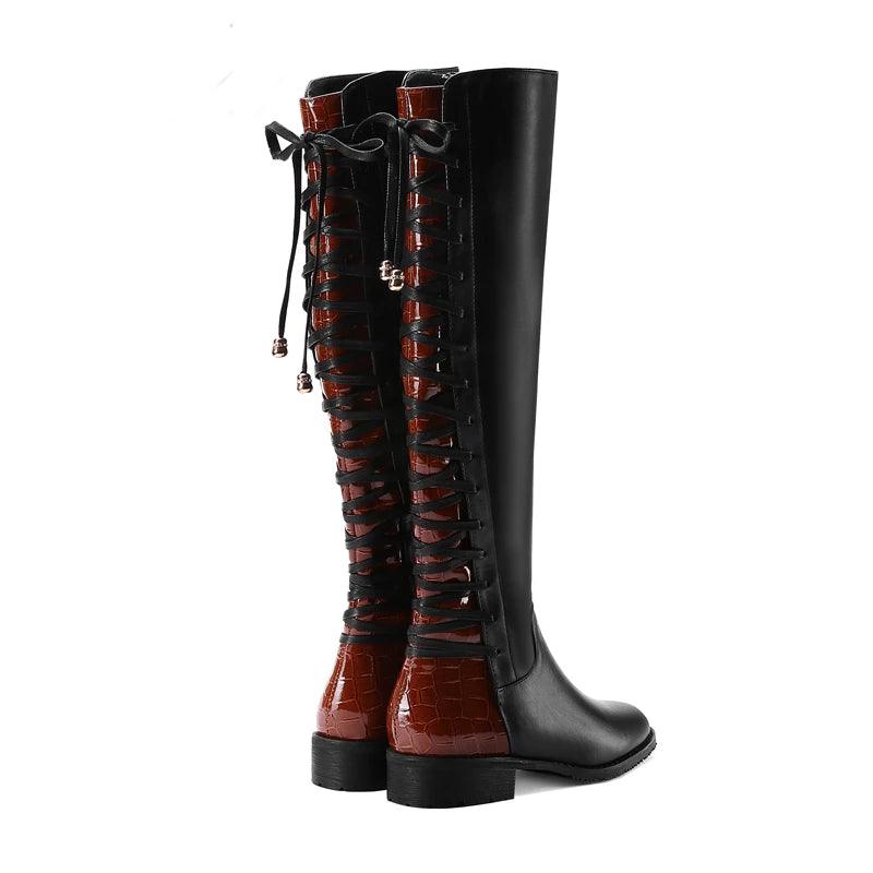 Knee High Genuine Leather Autumn  Round Toe Cross-tied Boots