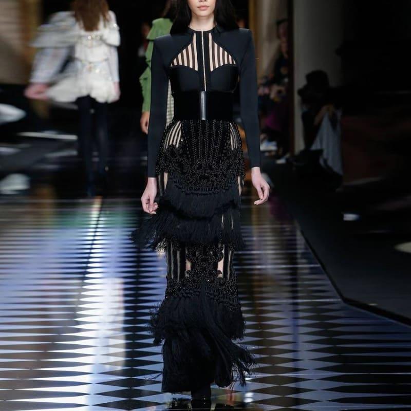 Black Designer Runway Suede Luxury Hand Work Beading Tassel Long Maxi Dress