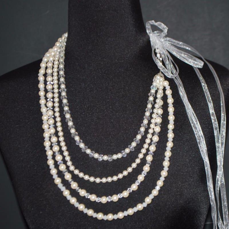 Cream Glass Pearls Crystal Elegant Multi Strands  Necklace