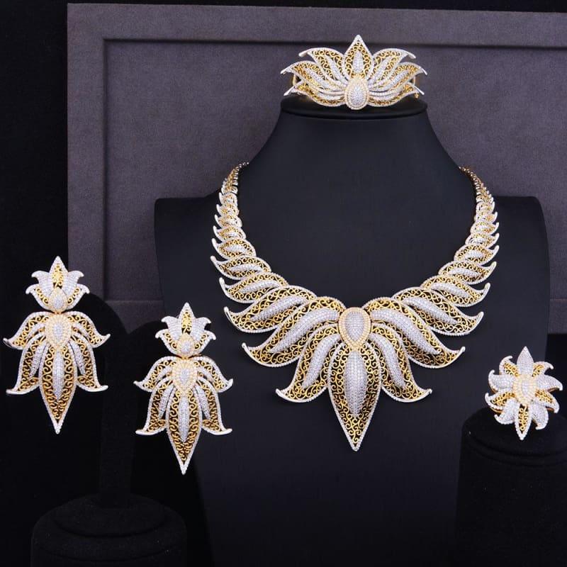 Crown Leaf Leaves Wedding Red Cubic Zirconia Statement Necklace Earrings Jewelry Set