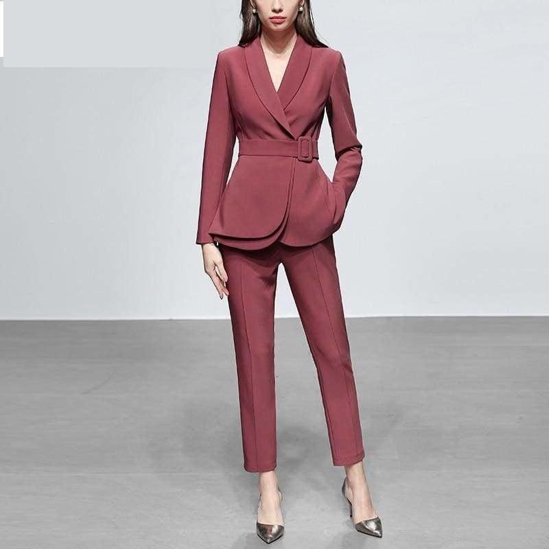 TeresaCollections - Dark Pink Two Piece Set Women Solid Printed Slim Coat+Pants  Suit Long Sleeve